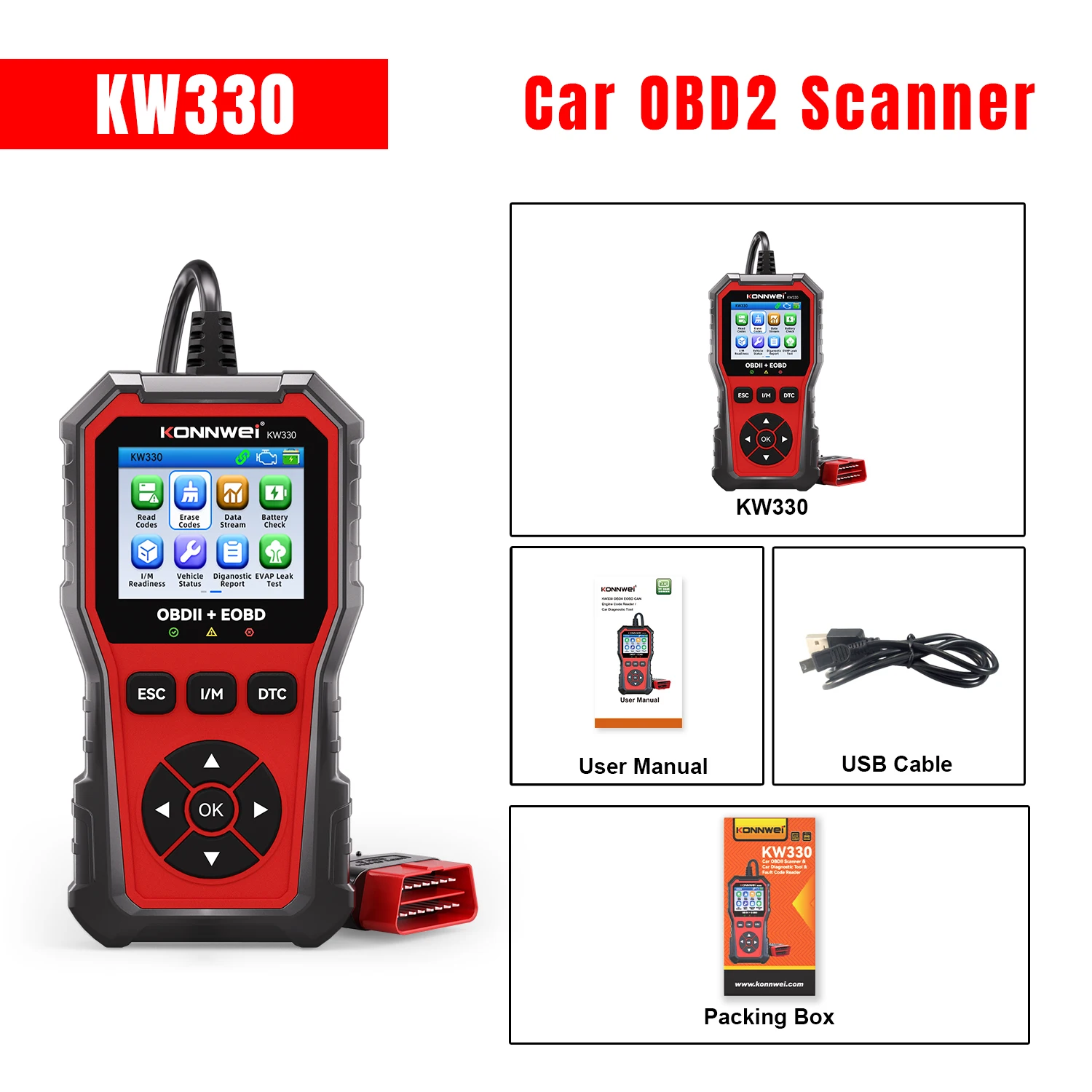 2026 KONNWEI KW330 Auto diagnoseapparaat OBD2, uitlezer en wist foutcodes motor en accu, realtime gegevens, OBD foutscanner voor auto's