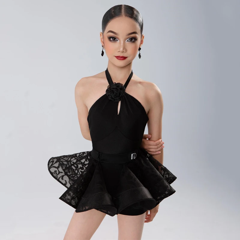 Fashion Halter Black Latin Dance Dress Girls Performance Dancing Suit Kids Smaba Ballroom Dance Competition Costume SL10854