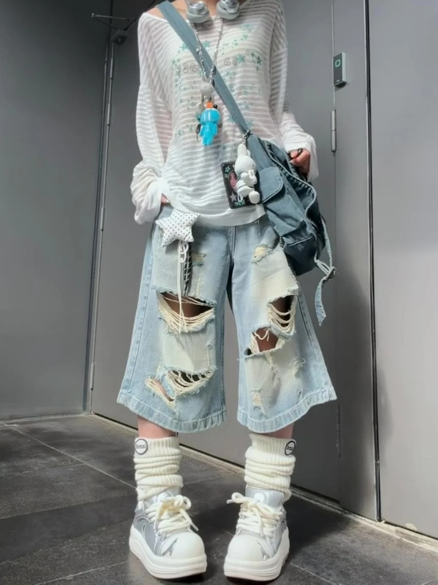 

plus Size Women's American Retro Washed Jeans High Waist Loose Fit Hole Punching Street Style Summer New Casual Straight Leg ...