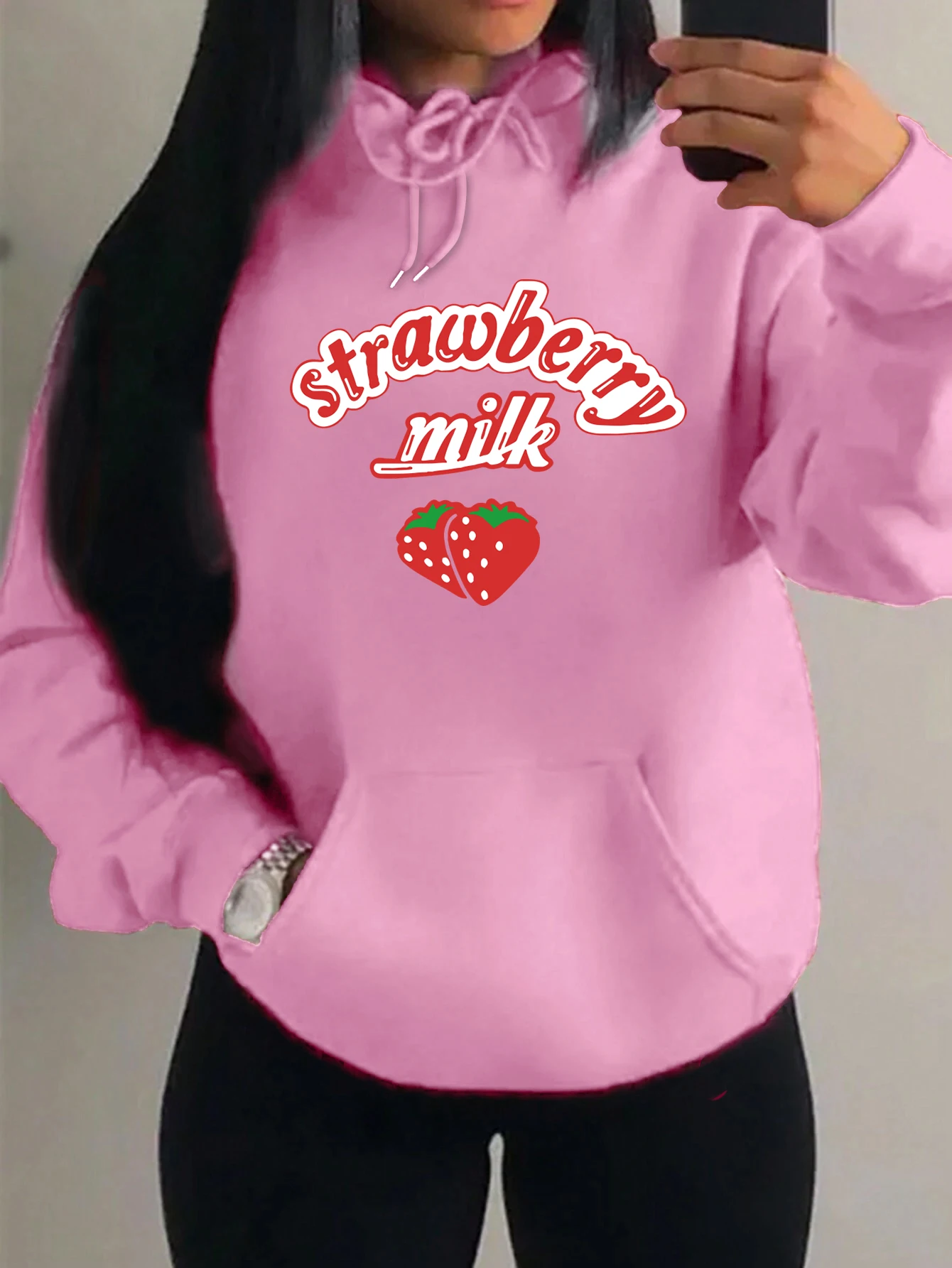 

Strawberry Milk Design Prints Women Hoodie New Pocket Streetwear Harajuku Fashion Hoodies All-Match Fleece Unisex Clothing