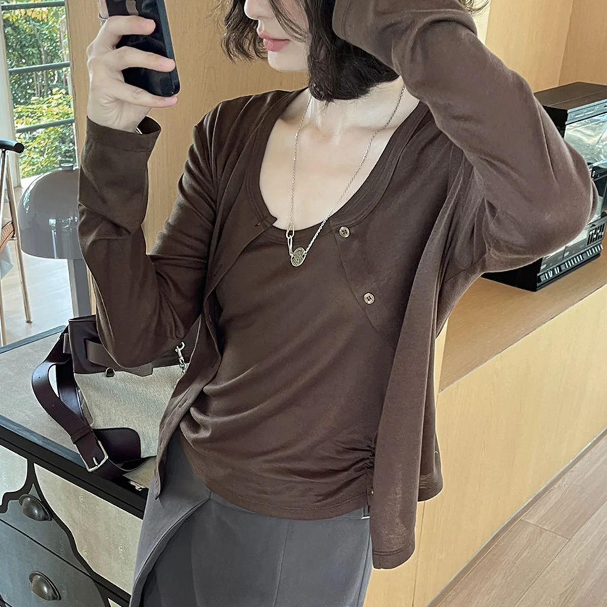 IG Women 2 Piece Outfit Racerback Ruched Tank Top Button Down Cropped Long Sleeve Cardigan Casual Matching Set view 3