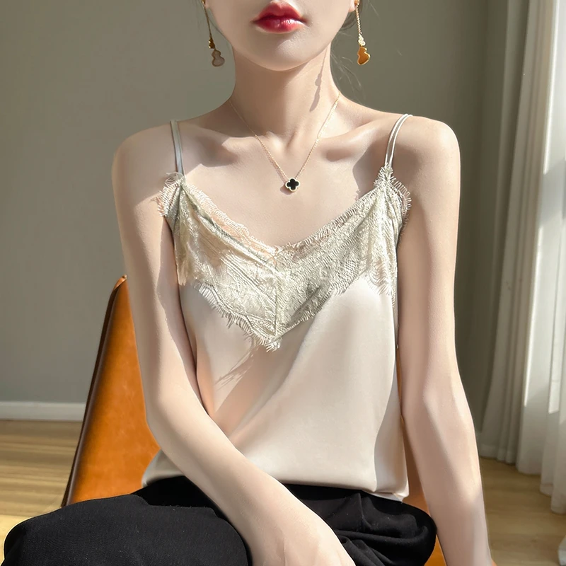 Summer 2025 New Silk Satin V-Neck Suspender Vest For Ladies Sexy Lace Sling Fashion Mulberry Silk Suits Internal Blouse RW D05