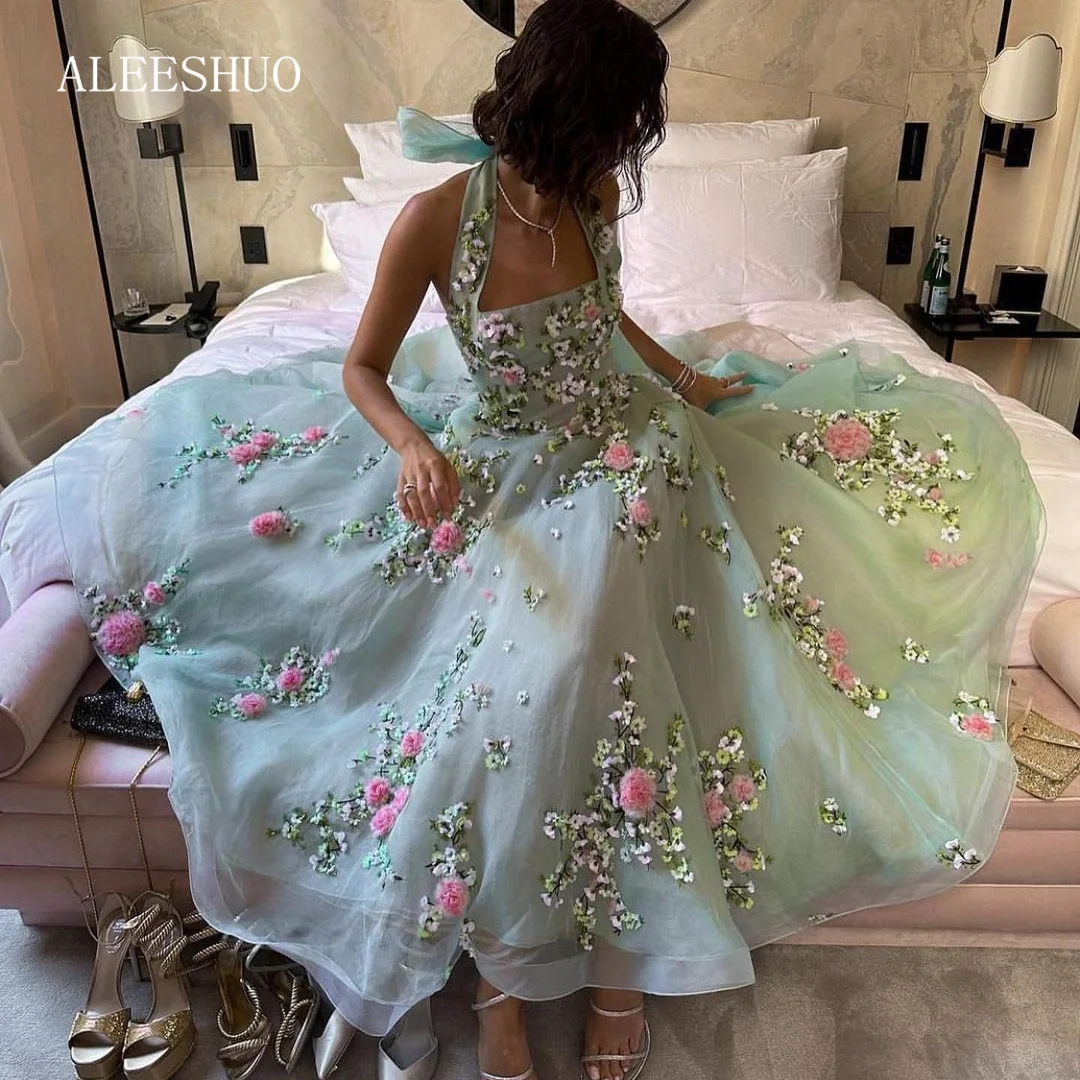 Aleeshuo Green Halter Square Collar Evening Dress Sleeveless Tulle A Line Graduation Dress 3D Flowers Princess Zipper Prom Gown