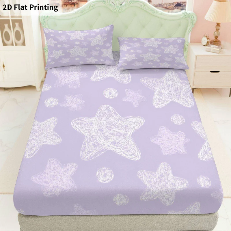 3Pcs Starry Lilac Fitted Sheet Three Piece Set (1*Fitted Sheet + 2*Pillowcases, Coreless), Bedding Set.