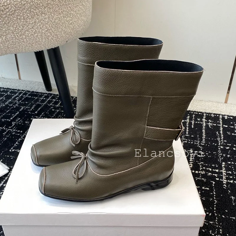 Square Toe Genuine Leather Bow Knot Short Boots Women Buckle Strap Design Mid Calf Boot Autumn Winter British Style Riding Boots