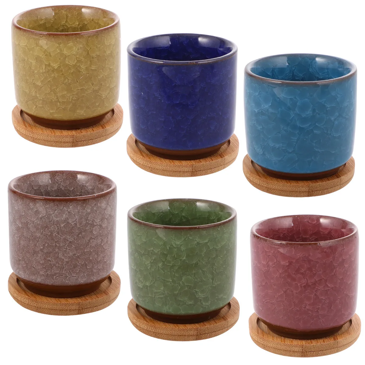 

Ceramic Mini Ice Crack Pot Set Cracked Grain Colorful Flower Pots Plate for Succulents Cactus Garden Decorations