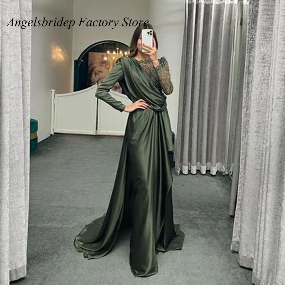 Angelsbridep Green Mermaid Prom Dresses Long Sleeves Beaded Saudi Arabia Elegant Dress Women For Wedding Party Evenign Gowns