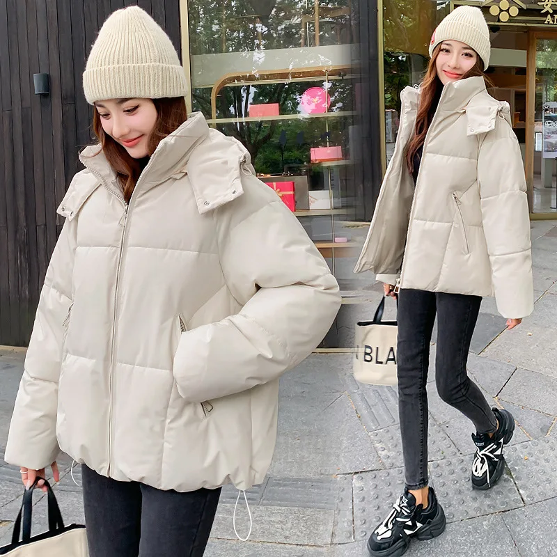 

Women Short Oversize Parkas Coats Hooded Jacket Solid Drawstring Hem Zipper Fly Looose Fit Thick Casual Office Lady Winter 2025