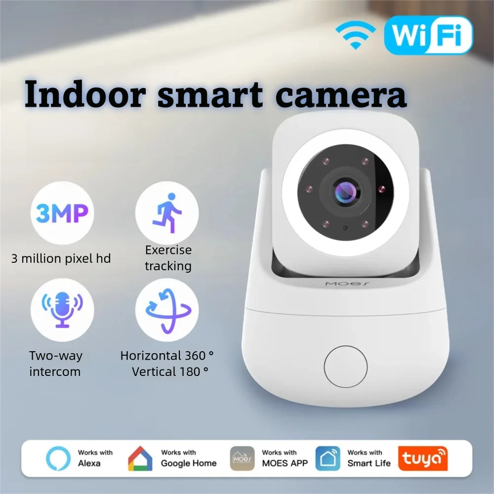

MOES Tuya Wi-Fi умная внутренняя 3-мегапиксельная HD камера безопасности с панорамированием/наклоном, отслеживание движения и обнаружение звука, инфракрасный монитор ночного видения