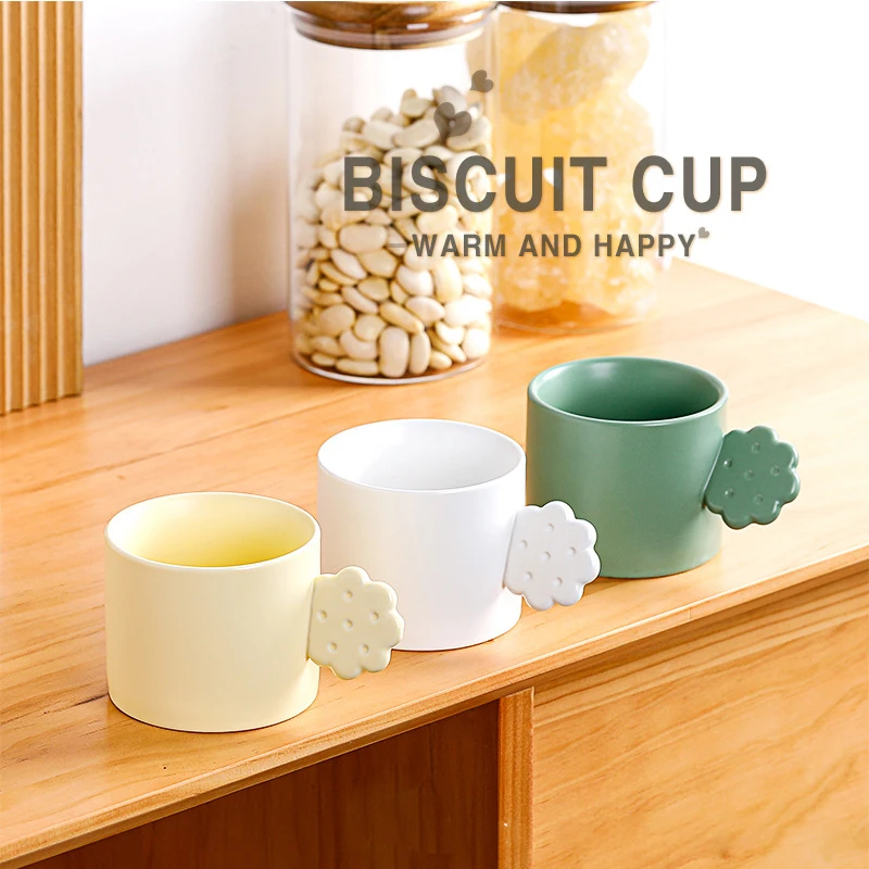 

280ml Solid Color Creative Biscuit Handle Mug 8PCS Drinking Cup Ceramic Household Cup Milk Cup Coffee Cup Simple Tea Cup