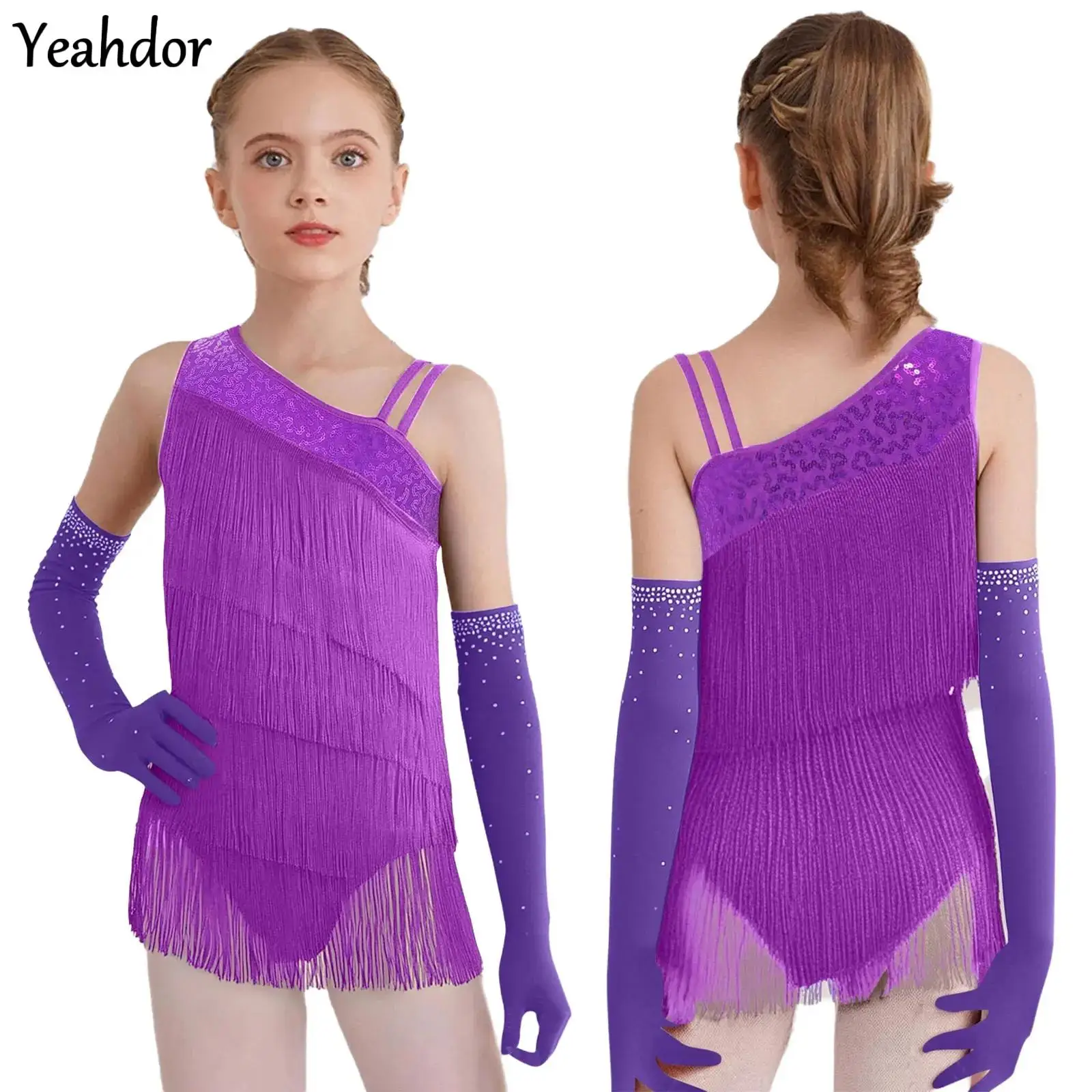 

Kids Girls Tassel Latin Dance Leotard Dress Sleeveless Fringe Bodysuit +Gloves Outfits Ballroom Cha-Cha Salsa Skating Performanc