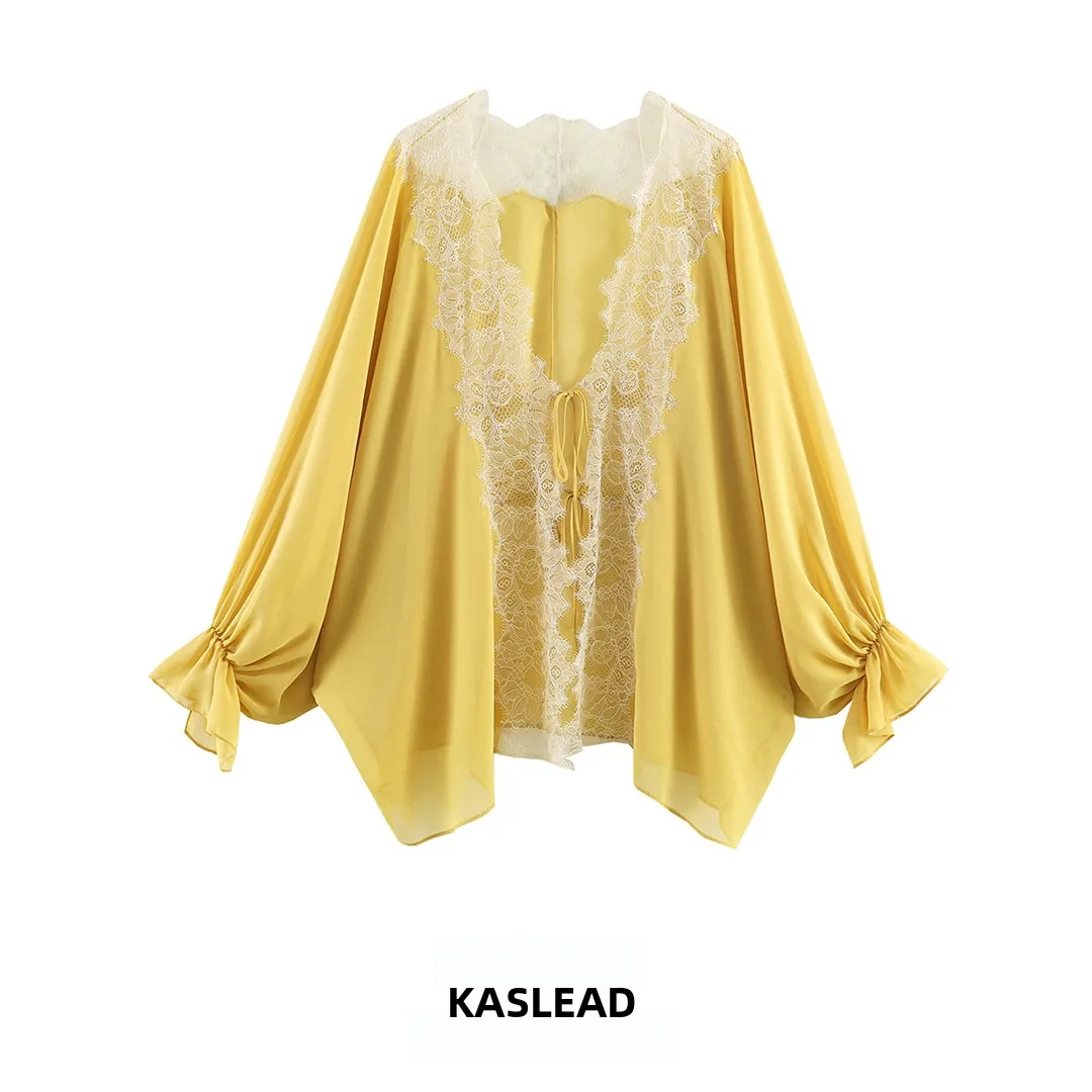 

Fashionable Simple Lace Splicing Shirt Women's Loose Fit Long Sleeve Breathable Polyester Fiber European Style Summer Shirt