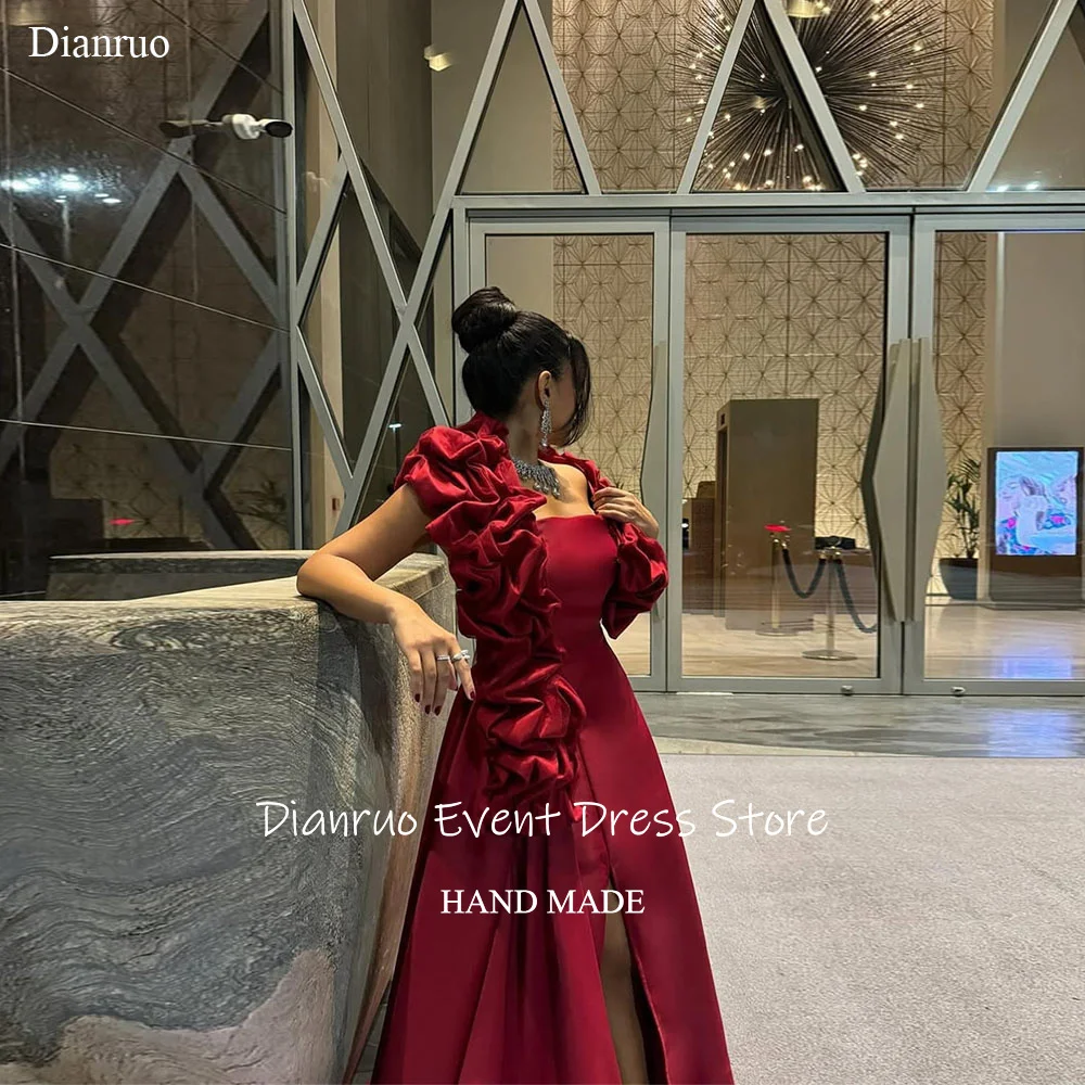 Dianruo Вечерние платья с высоким разрезом и оборками без бретелек, красные атласные платья для гостей Аравии, высокое качество Abendkleider Dubai по индивидуальному заказу