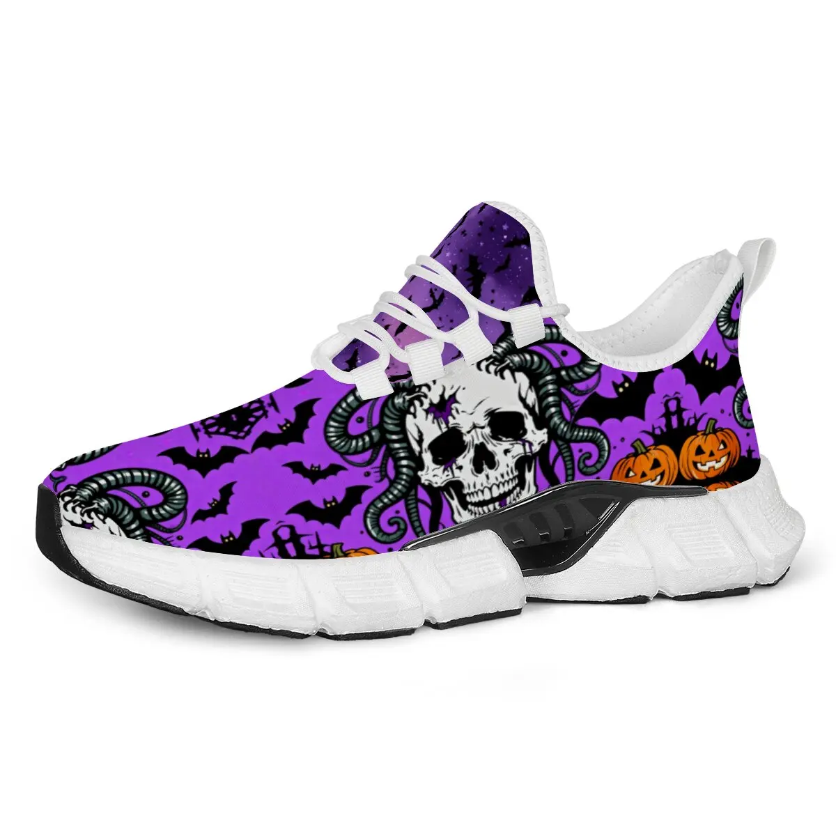 

Halloween Holiday Gift Bat Pumpkin Pattern Design Lightweight White Base Breathable Flying Woven Parent-child Sports Shoes