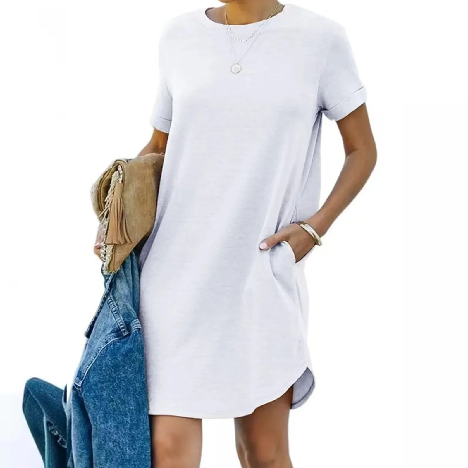 

Pure Color Minimalist T-Shirt Short Dress Women Summer Round Neck Pocket Loose Dresses Robe Vintage Fashion Beach Dress