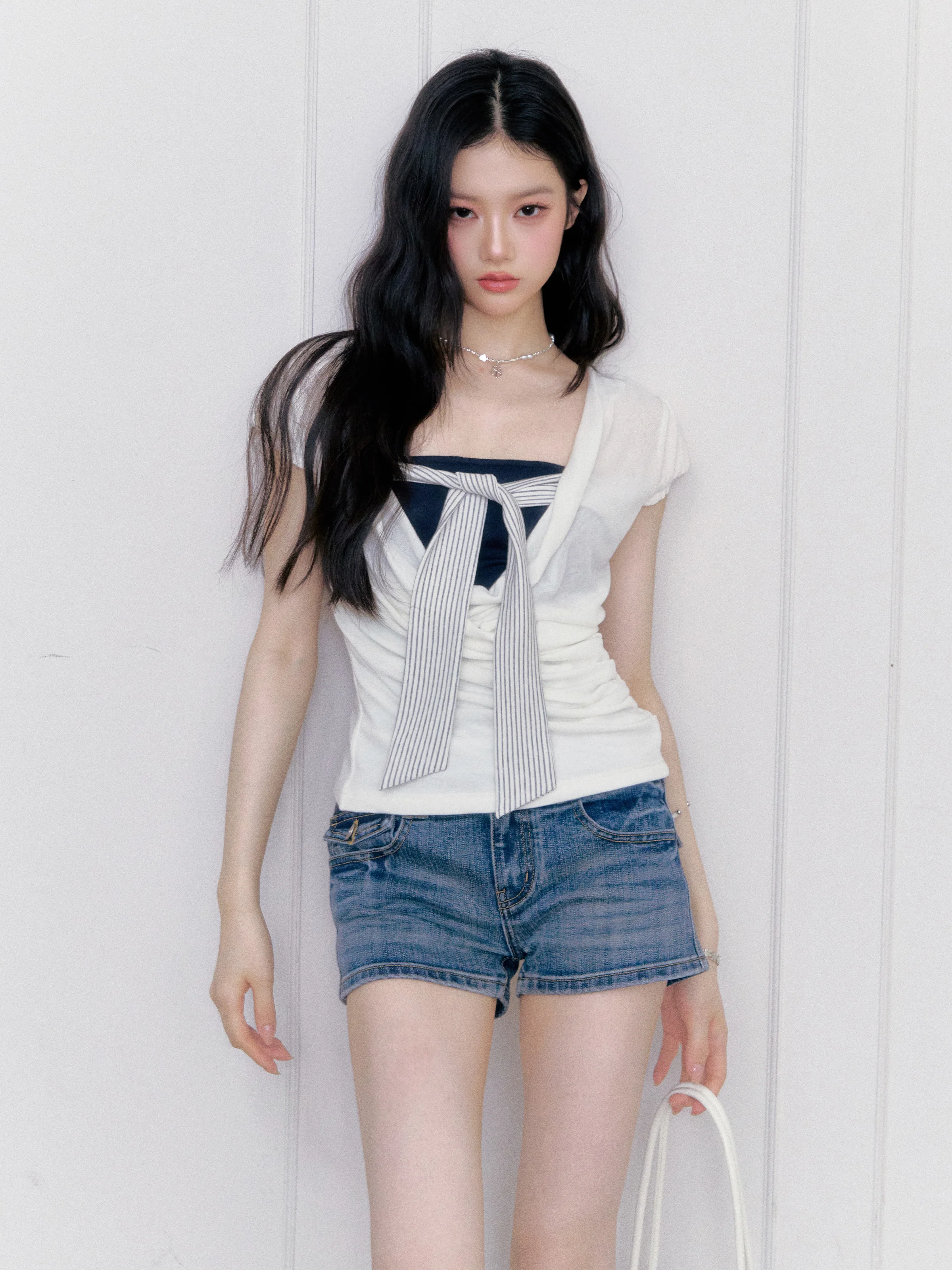 Korean Style Tie-Dye Tube Top T-Shirt Cover up Two-Piece Set Versatile Summer Tops Short Sleeve V-Neck Loose Fit City Walk