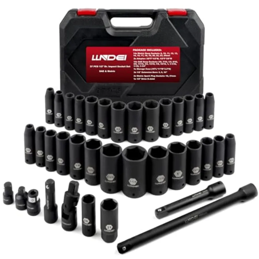 

1/2 inch Drive Deep Impact Socket Set 37 Piece Standard SAE 3/8 to 1-1/4 Metric 8 to 24mm Includes Spark Plug Socket 16 21m