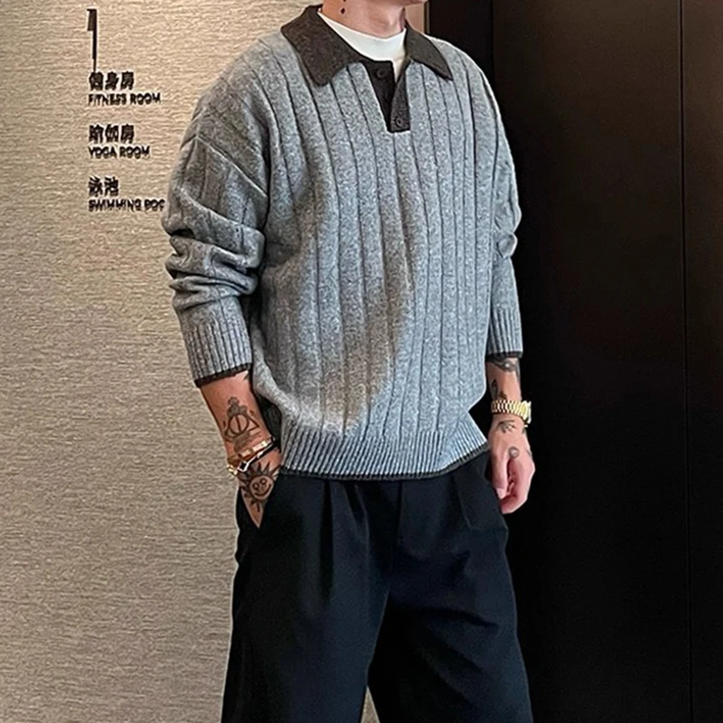 الشتاء اليومية عادية رجالي المرقعة البلوزات 2026 الربيع العصرية التباين اللون زر قمصان بولو محبوك الرجال سترة طويلة الأكمام #5