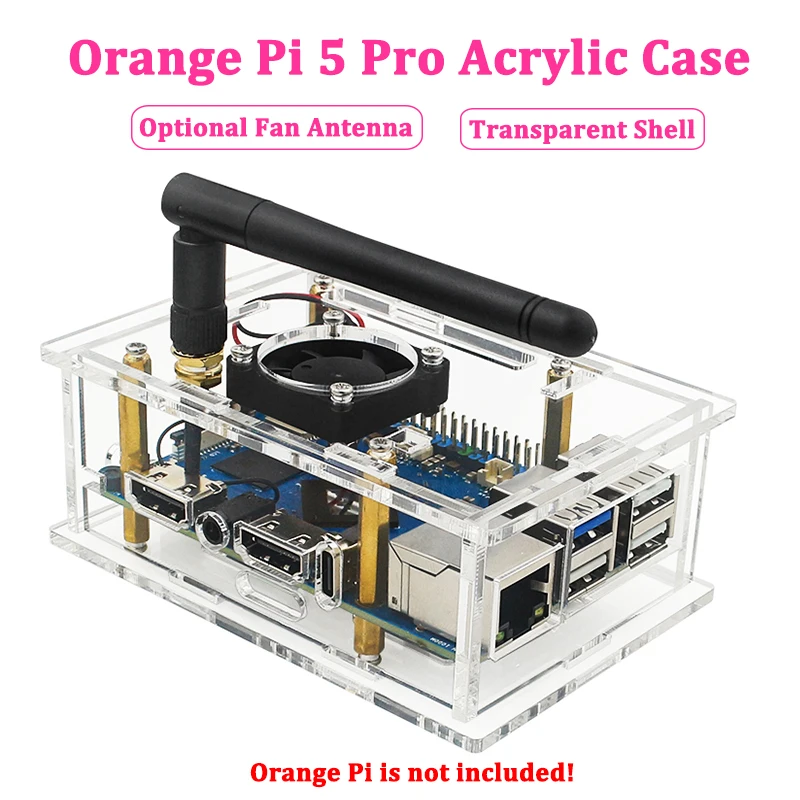 

Акриловый корпус Orange Pi 5 Pro с активным охлаждением, прозрачный защитный корпус, дополнительный охлаждающий вентилятор и антенна для Orange Pi 5 Pro