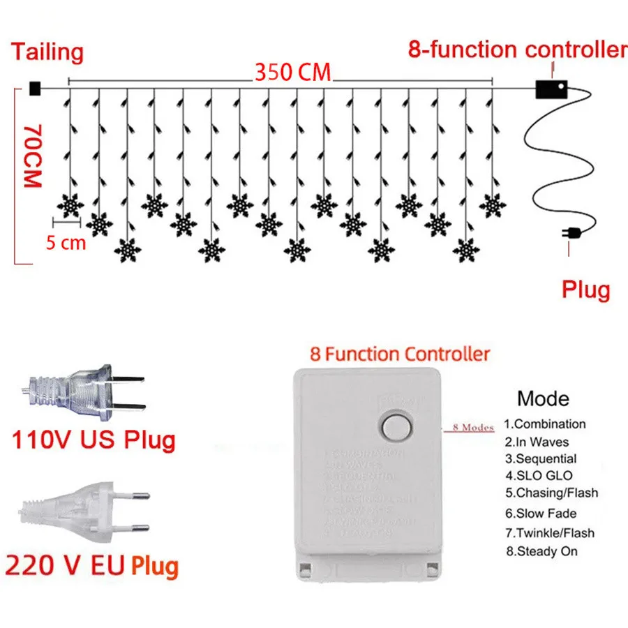 Guirnalda de luces navideñas con forma de copo de nieve LED para interiores y exteriores, 3,5 M, 8 modos, luces de cortina de hadas intermitentes para decoración de fiesta y boda