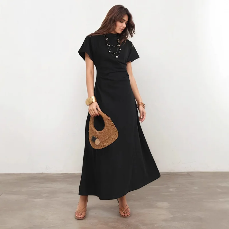 

Sweedish Nordic style summer new vintage elegant drafted waist dress pleated black long short sleeve dress