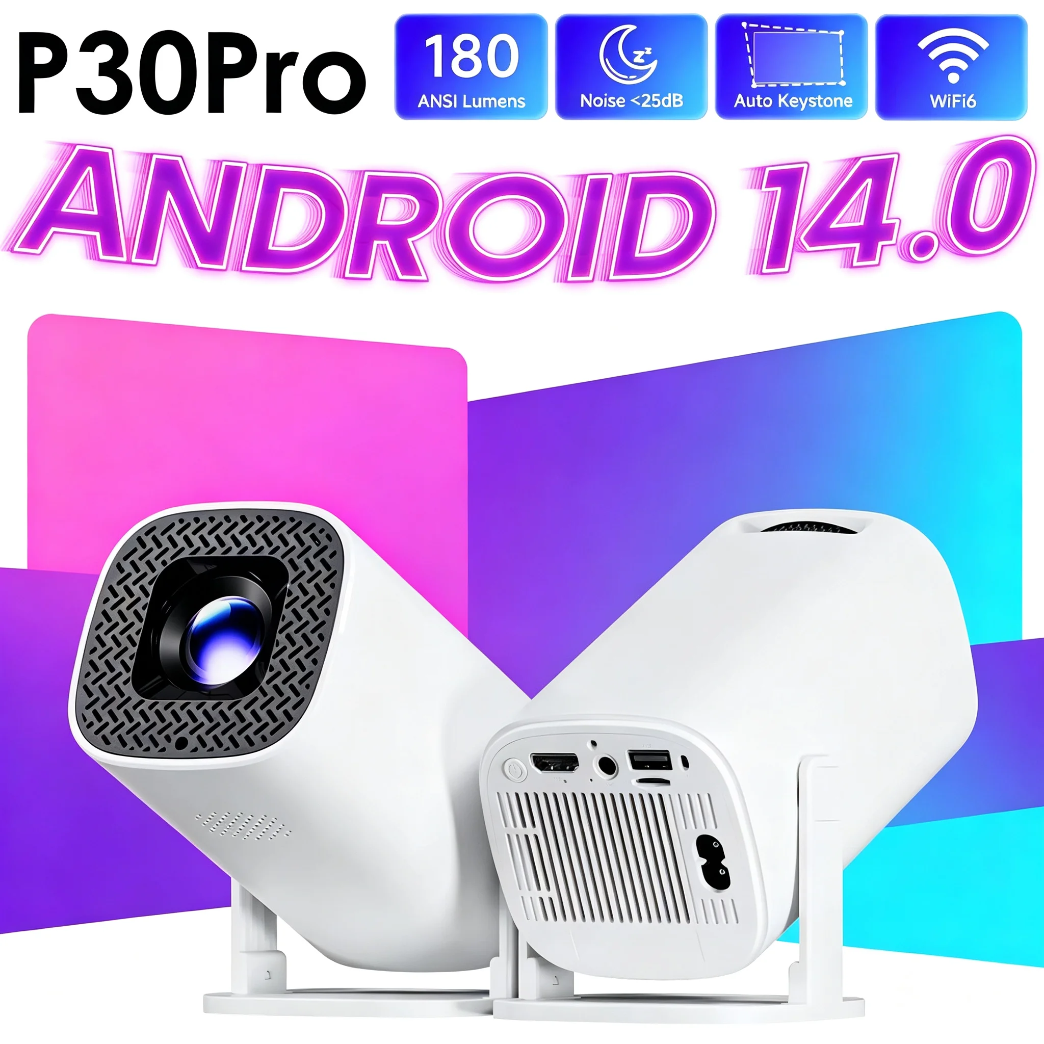 Proyector Portátil P30PRO Android 14 Mini Proyector Inteligente WiFi6 BT50 Soporta 4K 1280 720P Cine en Casa Espejo de Pantalla