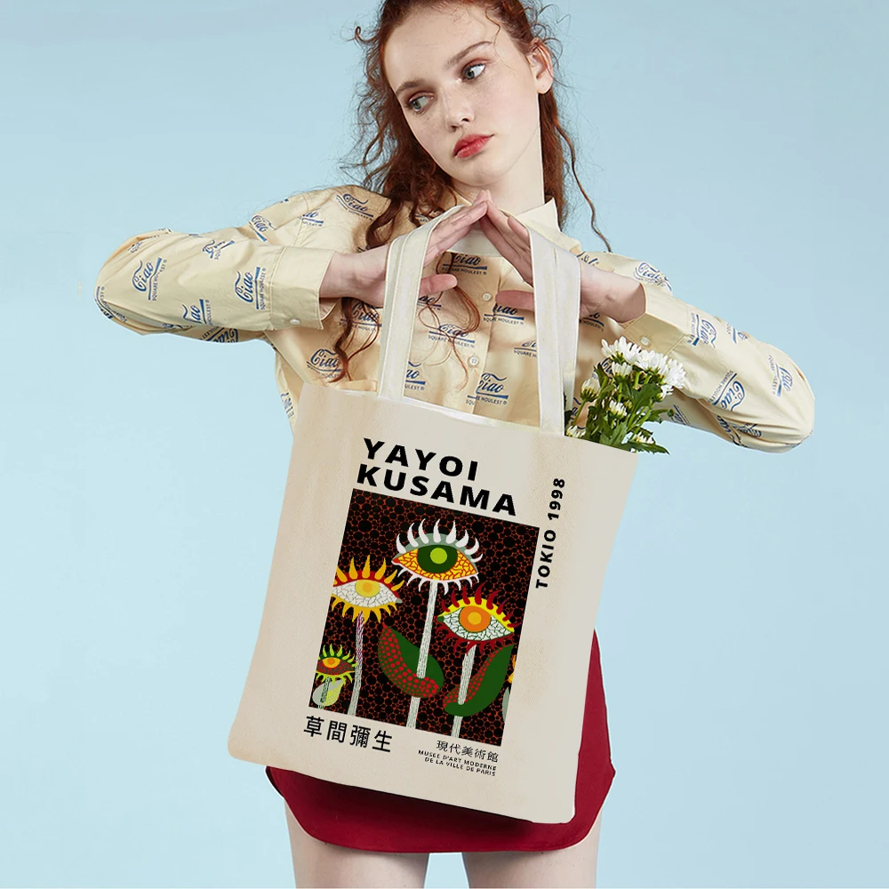 Japanese Yayoi Kusama Polka Dot Eye Pumpkin Lady Tote Handbag Canvas Women Shopping Bags Double Print  Supermarket Shopper Bag