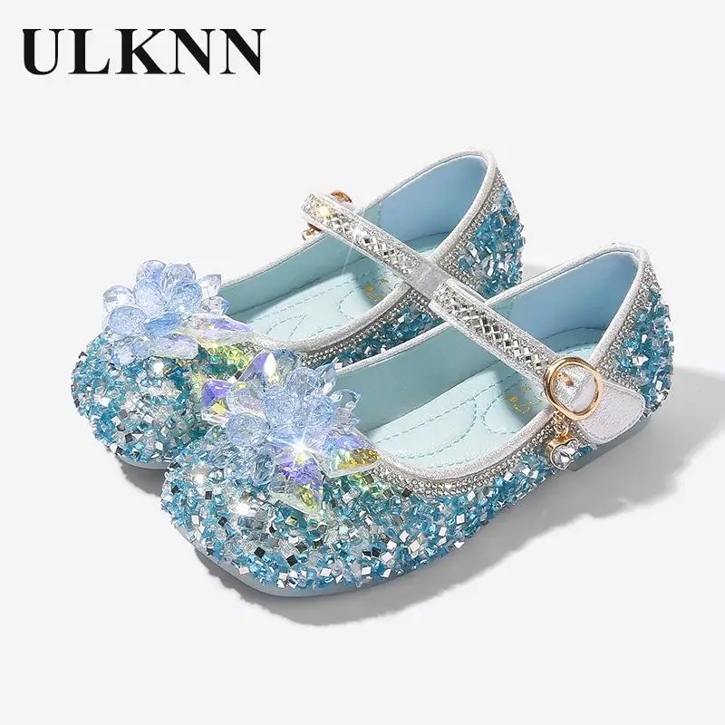 Girls Princess Shoes Sapato Infantis Menina 2023 New Flat Single Baby Shoes Blue Crystal Children Leather Shoes Feestschoenen