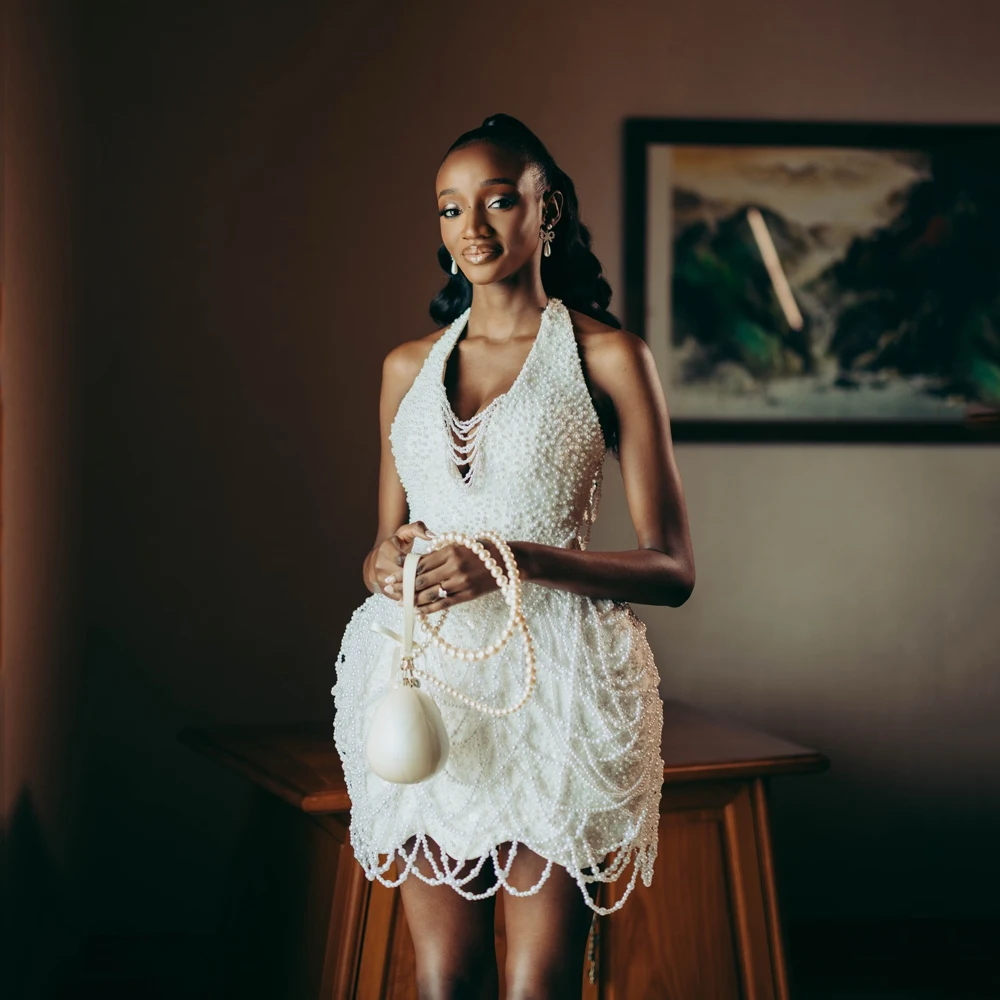 

Pearls Short Prom Dress For African Girls Sleeveless Homecoming Gowns vestidos elegantes de fiesta de noche 2026 Customized