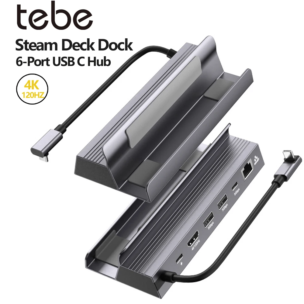 

Док-станция Tebe 6 в 1 USB C для Steam Deck Rog Ally Switch 1/2 Type-c на 4K 120 Гц HDMI-адаптер Gigabit Ethernt USB 3.0 Hub