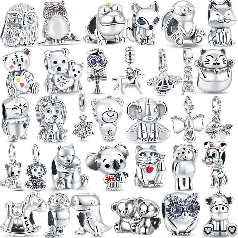 

Fit Original Pandora Animal Charm 925 Sterling Silver Bear Cat Dog Unicorn Owl Silver Dangle Bracelet Women Jewelry Making Gift