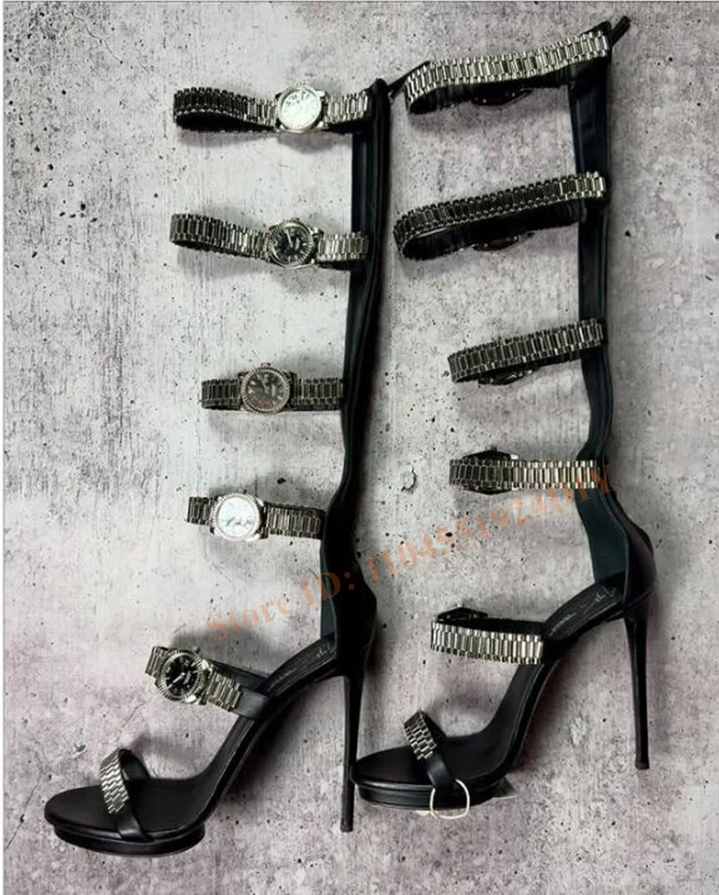 Designer Uhr Gürtel Riemen Aushöhlen Frauen Dünnen Absätzen High Heel Sandalen Frauen Knielangen Stiletto Sommer Schuhe Sandale Boot