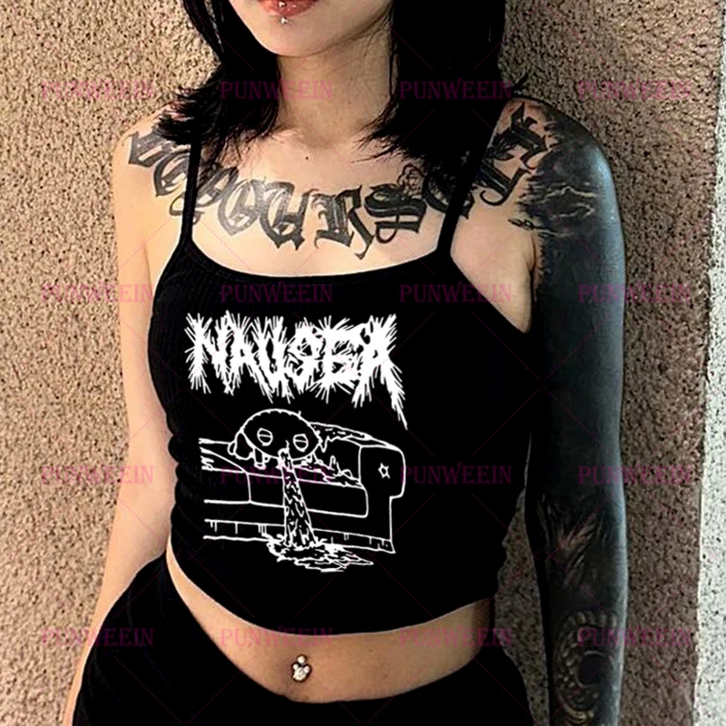 Kaus Tank Top tanpa lengan Harajuku Y2k 90s, atasan ramping seksi pakaian jalanan Vintage gadis Gotik grafis Logam, kaus tanpa lengan Harajuku gelap