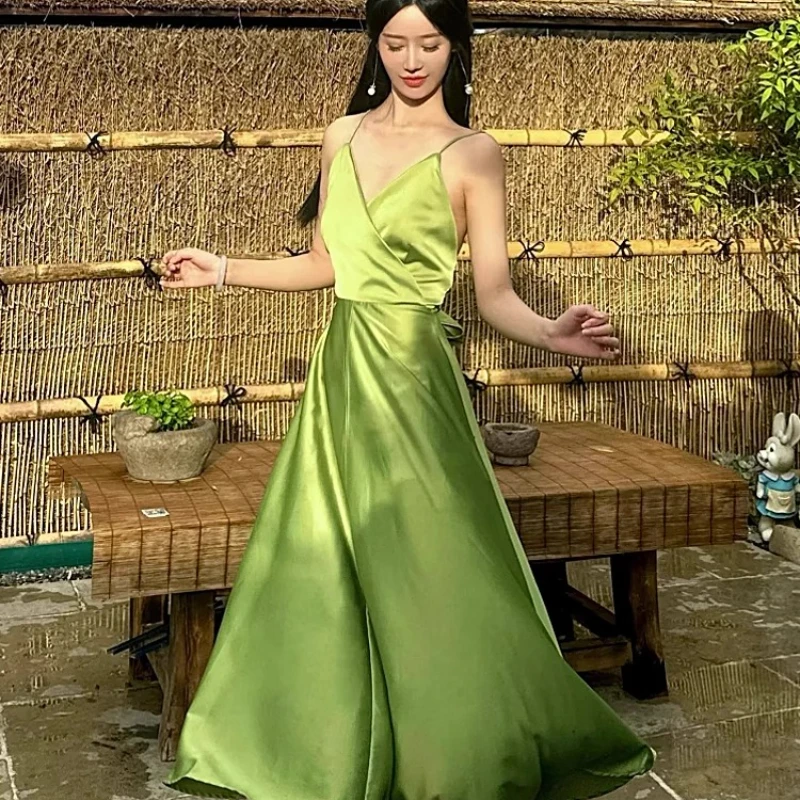 

French Backless Green Dress Acetate Satin Draped Evening Dress Spaghetti Strap Silkly Long Dress