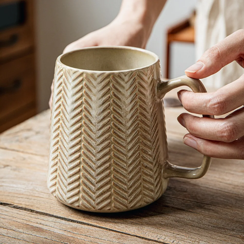 Vintage Relief Coffee Cup 760ml High-capacity Drinkware Ceramic Mug Spoon with Lid Household Water Cups Fathers Day Gift