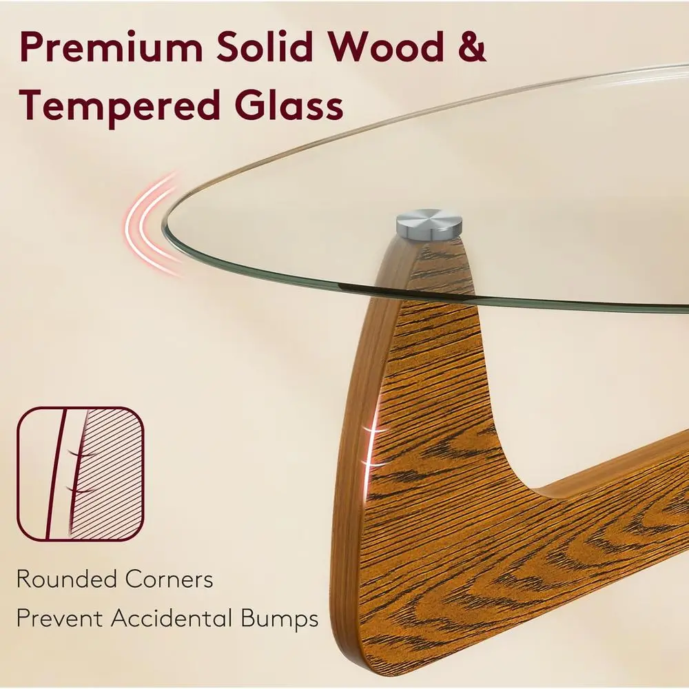 強化ガラス付きウォールナット三角コーヒーテーブル、42.5 x 28.5 x 16.1、小さなスペース向けのモダンなミニマリストデザイン