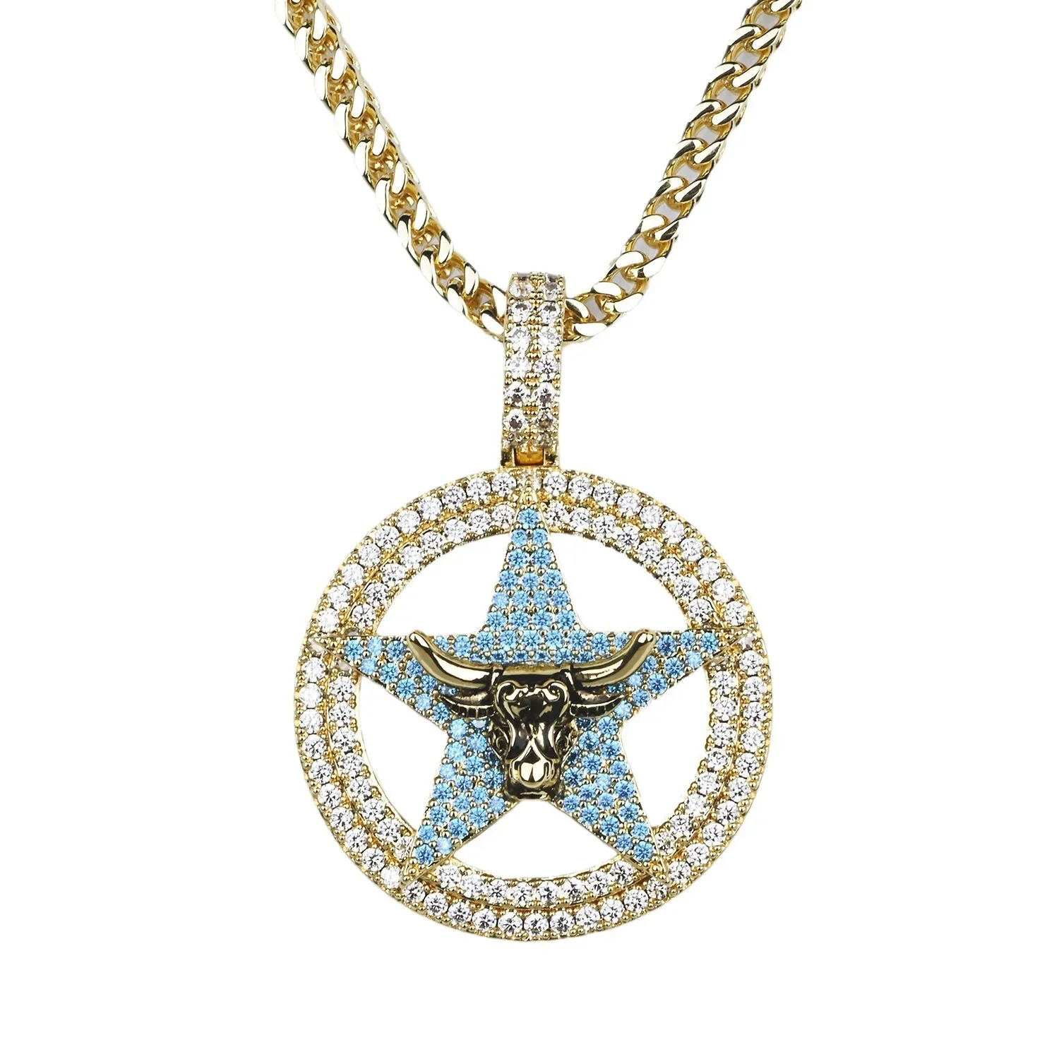 4mm Cuban Link Chain with Round Pentagram Pendant Hip Hop Men's and Women's Bullhead Necklace Gold Plated Jewelry