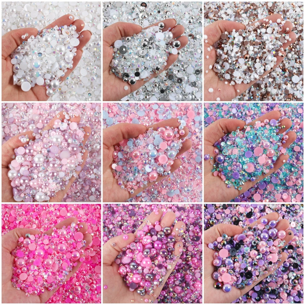 Mix Flatback Pearls and Rhinestones 3mm-10mm AB Color Resin Rhinestone and Half Pearl for Diy Crafts, Nails, Shoes, Tumblers