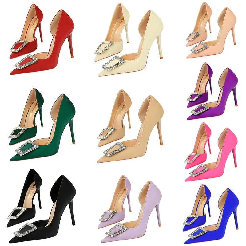 Women Fetish 10.5cm High Heels Daily Banquet Colorful Pumps Lady Bling Rhinestone Buckle Silk Satin Party Goddess Slip on Shoes