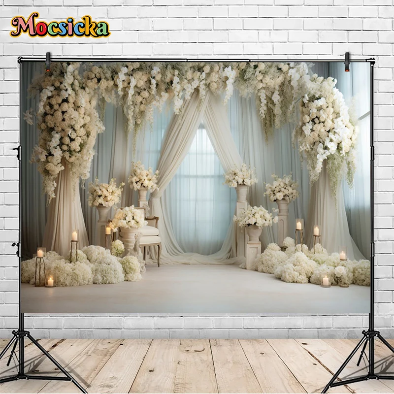 

White Photography Background Decor Flowers Stone Pillar Candles Bride Wedding Family Portraits Photoshoot Backdrop Props Studio