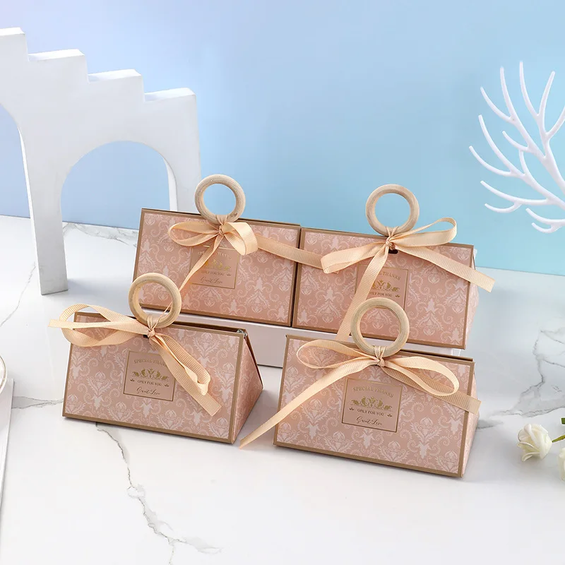 10/20Pcs Luxury Hand Gift Box DIY Sweet Wedding Favor Candy Gift Packaging Box With Wooden Ring Ribbon Engagement Party Supplies