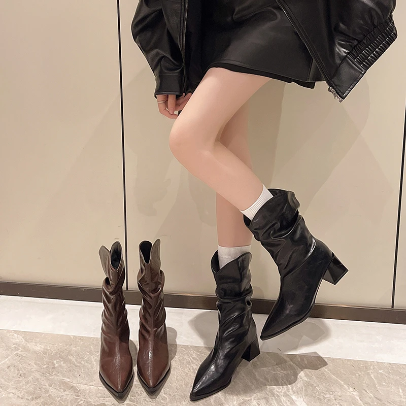 New Style High Heels Mid Calf Pleated Boots for Women Autumn Winter Brown Leather Western Boots Woman Thick Heeled Cowgirl Boots