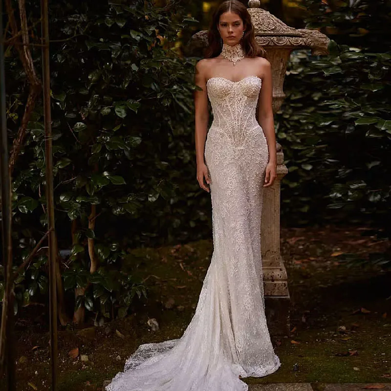 

Shiny Pearl Mermaid Wedding Dress Lace Long Sleeve with Gorgeous Detachable Train Bridal Gown Vestidos De Novia Customized