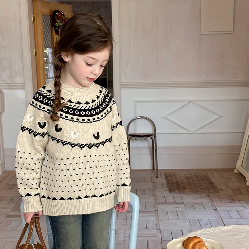 Children's Clothing 2024 Winter Girl Knitted Sweater Top Retro Fair Island Style Jacket