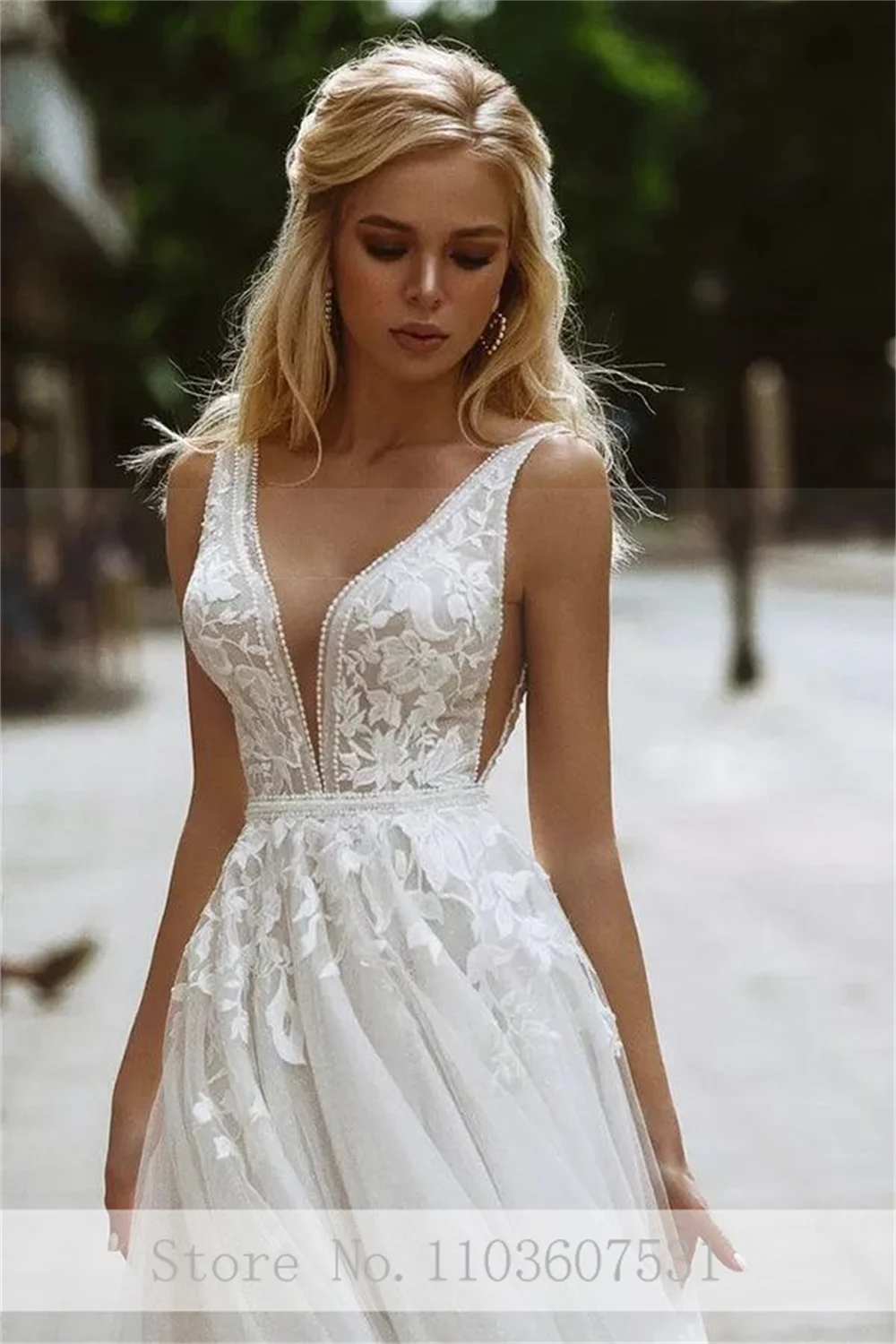 Vestido de casamento feminino com decote em v e tule Applique, alças, linha A, vestido sem mangas, vestido de casamento