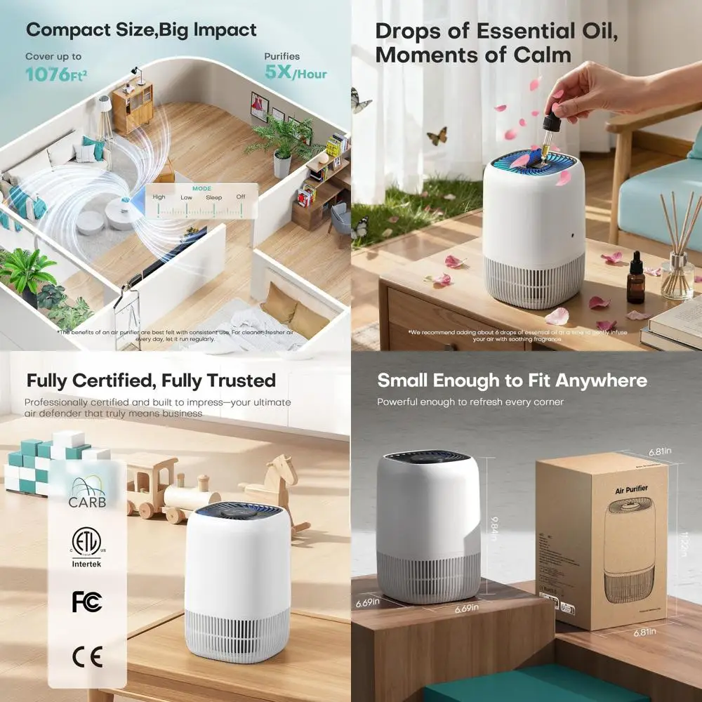 

Компактный 3-скоростной очиститель воздуха с HEPA-фильтром H13 для помещений площадью 1076 кв. футов, идеально подходит для устранения запахов домашних животных, пыльцы и дыма, белый цвет