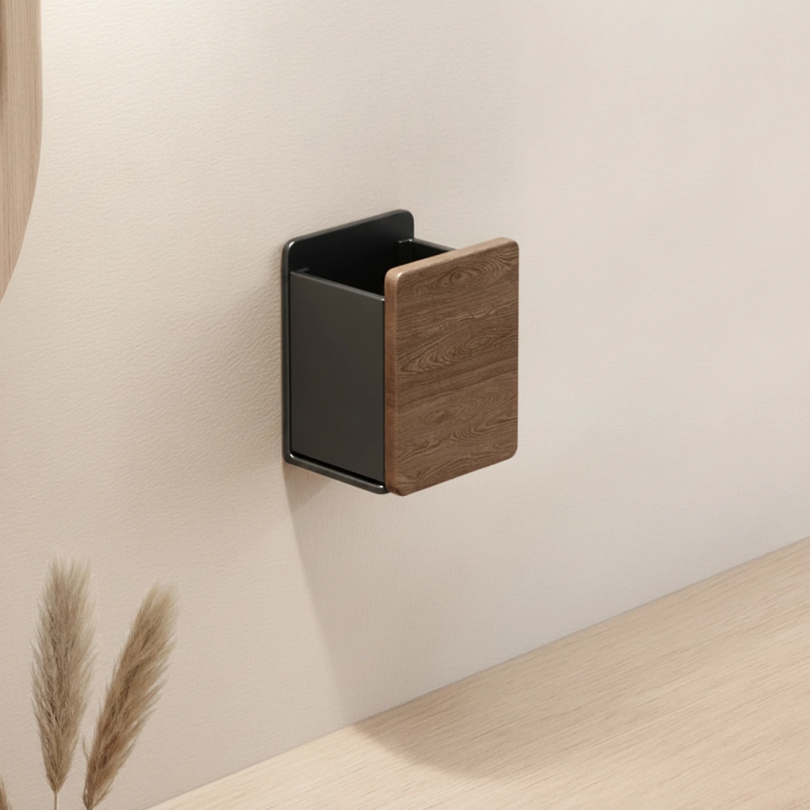 No-Drill Wall Organizer with Wood Front Panel Compact Wall-Mounted Cosmetic Organizer Self-Adhesive Large Capacity for Vanity