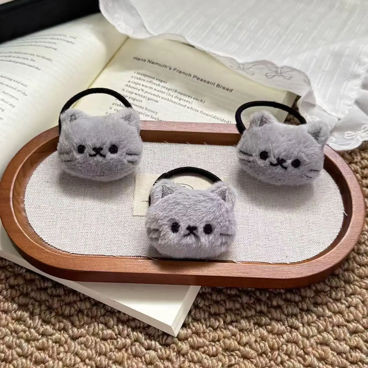 Cute Cartoon Gray Kitten Hair Tie Super Fairy Girl Twin Tail Hair Band Lolita Elastic Band Tying Hair Adorable Style Hair Tie