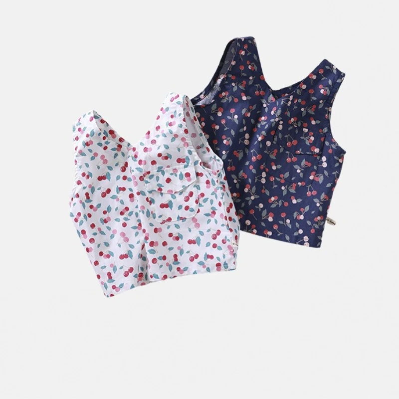 

2025 New Summer Girls' Elegant Cotton Cherry Printed V-neck Sleeveless Thin Tank Top