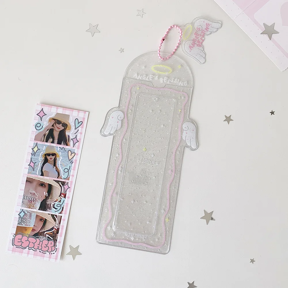 PVC Glitter Transparent Life Four Grid Card Holder Girl Kpop Angel Wings Pendant Long Card Holder Bookmark Card Case image 6